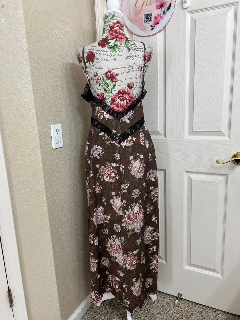 Brock Collection X H&M Brown Floral Lace Trim Maxi Slip Dress Size S